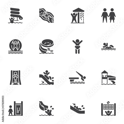 Fototapeta Naklejka Na Ścianę i Meble -  Aqua park vector icons set, water park modern solid symbol collection, filled style pictogram pack. Signs, logo illustration. Set includes icons as water slide attraction, swimming pool, shower