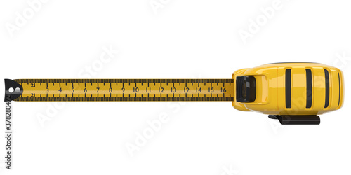 Yellow carpenter measuring tape isolated on white with imperial units scale.