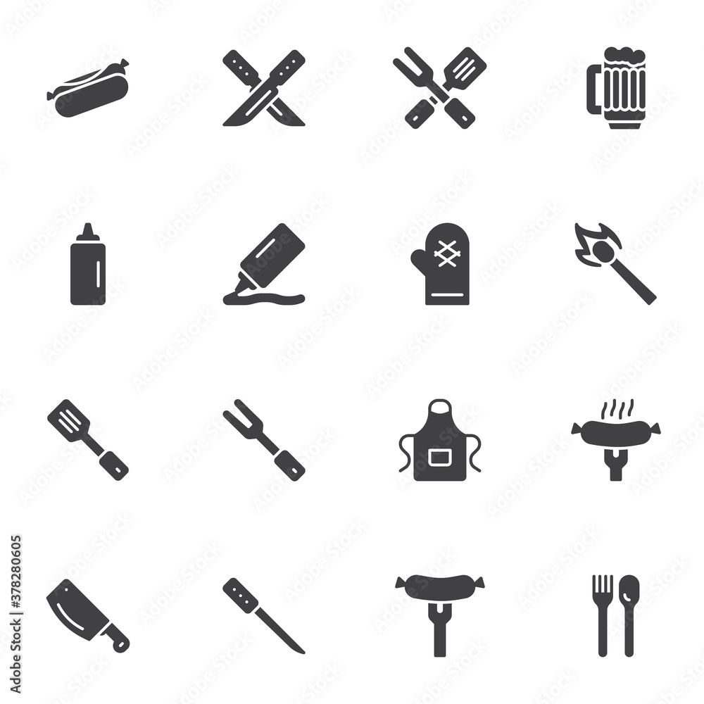 Barbeque related vector icons set, BBQ modern solid symbol collection, filled style pictogram pack. Signs, logo illustration. Set includes icons as hot dog, knife and fork, beer mug, sausage, mustard Barbeque related vector icons set, BBQ modern solid symbol collection, filled style pictogram pack. Signs, logo illustration. Set includes icons as hot dog, knife and fork, beer mug, sausage, mustard