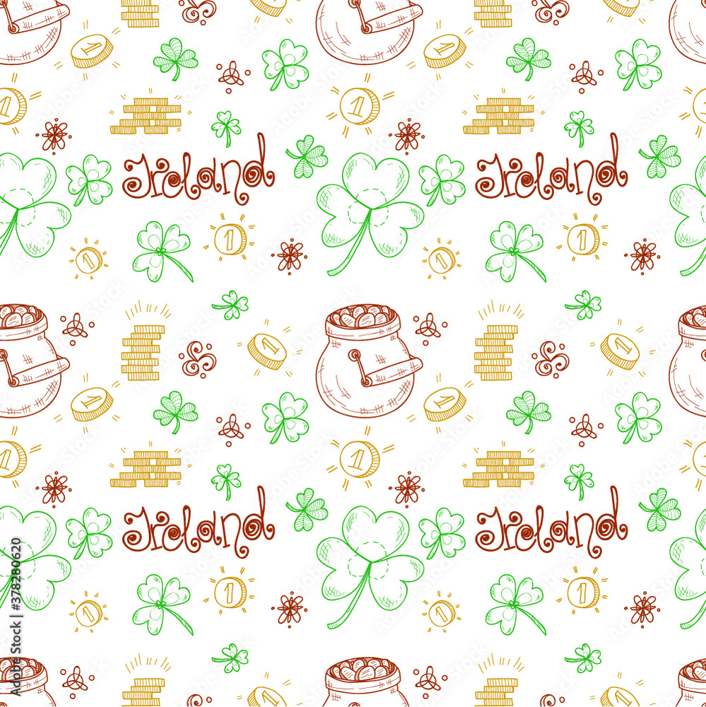 Seamless pattern with Ireland related hand drawn icons. Doodle vector Ireland related collection Seamless pattern with Ireland related hand drawn icons. Doodle vector Ireland related collection