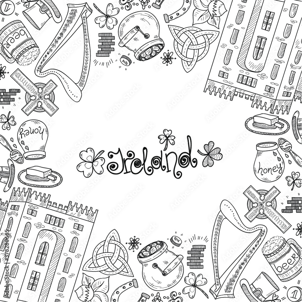 Card template with Ireland related hand drawn icons including irish ...