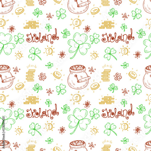 Seamless pattern with Ireland related hand drawn icons. Doodle vector Ireland related collection