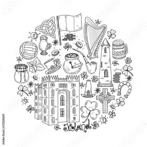 Round composition with Ireland related hand drawn icons including irish coffee; irish round tower and others. Doodle vector Ireland related collection