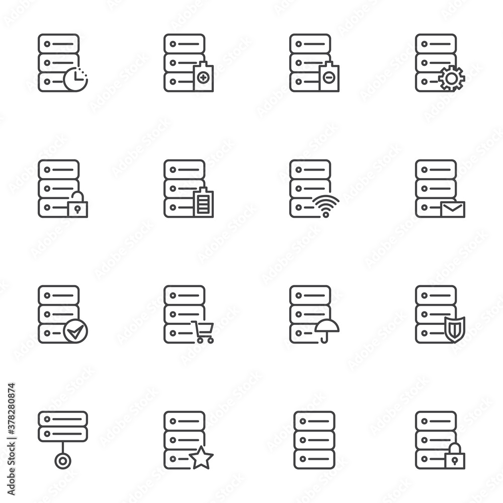 Data center hosting line icons set, outline vector symbol collection, linear style pictogram pack. Signs, logo illustration. Set includes icons as database server, data protection, system preference Data center hosting line icons set, outline vector symbol collection, linear style pictogram pack. Signs, logo illustration. Set includes icons as database server, data protection, system preference