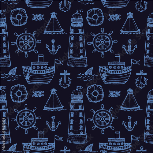 Seamless pattern with cute hand drawn elements of marine theme including ship, anchors and others. Hand drawn marine collection