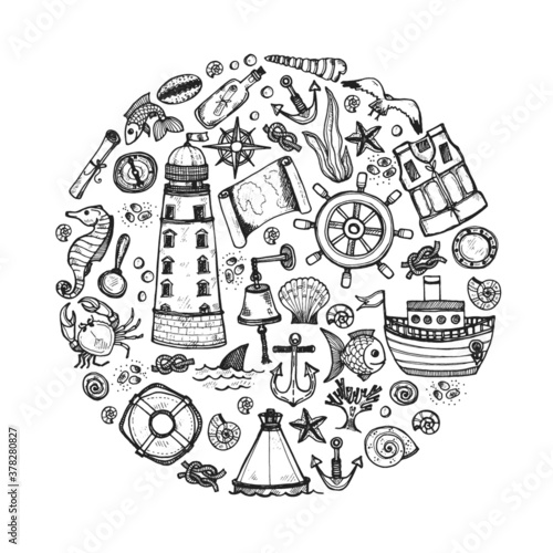 Round composition with cute hand drawn elements of marine theme including ships, anchors, fish, shells and others. Hand drawn marine collection