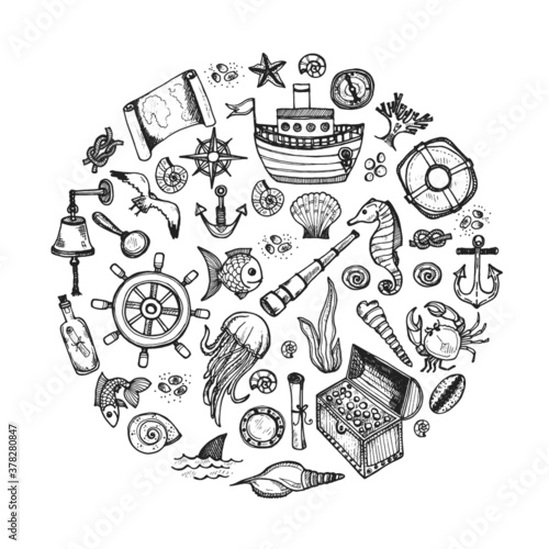 Round composition with cute hand drawn elements of marine theme including ships, anchors, fish, shells and others. Hand drawn marine collection