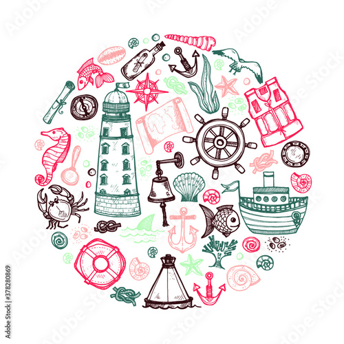 Round composition with cute hand drawn elements of marine theme including ships, anchors, fish, shells and others. Hand drawn marine collection