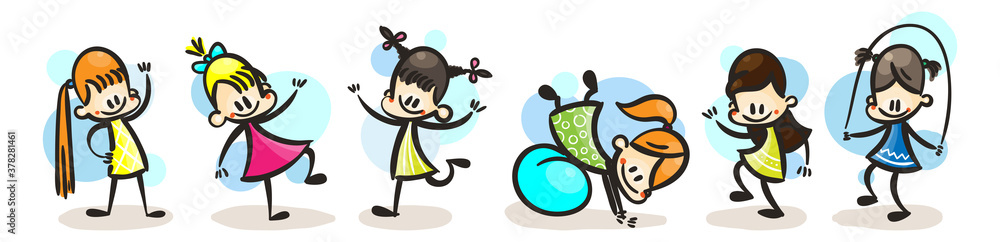 Naklejka premium Collection of happy cartoon kids, colored hand drawn doodle outline style