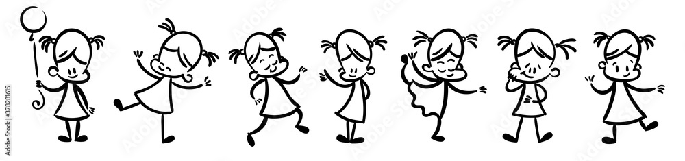 Collection of happy cartoon kids, lined hand drawn doodle outline style Collection of happy cartoon kids, lined hand drawn doodle outline style