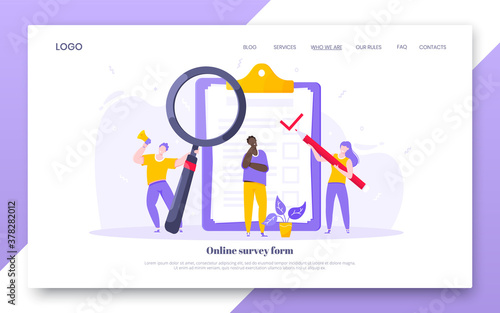 Online survey form business concept with tiny people with megaphone, pencil nearby giant clipboard claim form and flat style design vector illustration landing page template.