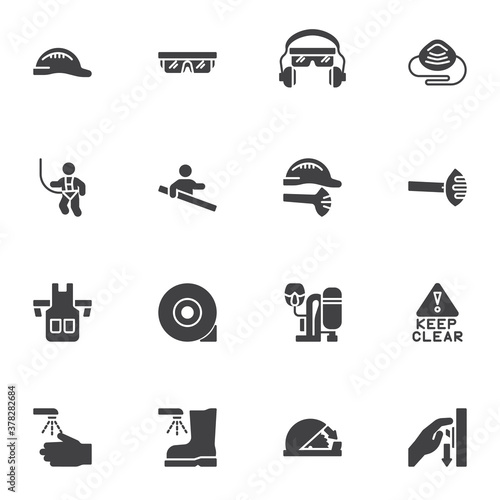 Protective equipment vector icons set, modern solid symbol collection, mandatory sign filled style pictogram pack. Signs, logo illustration. Set includes icons as safety glasses, hard hat, apron