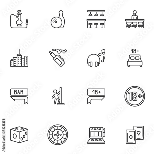 Nightlife party line icons set, outline vector symbol collection, linear style pictogram pack. Signs, logo illustration. Set includes icons as pub bar, casino gambling, city buildings, hookah