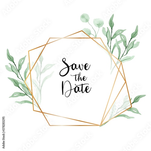 Wedding invitation frame. Watercolor green leaves gold geometrical border isolated on white.
