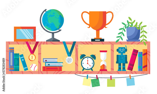 Bookshelf in apprentice boys room. Detail of the bedroom interior. Flat cartoon illustration isolated on white background