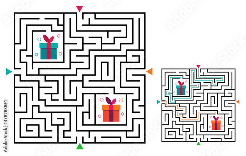Square maze labyrinth game for kids. Labyrinth logic conundrum. Four entrance and two right way to go. Vector flat illustration isolated on white background.