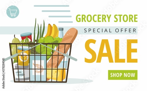 Shopping basket with grocery products on white background. Promotional sale banner.
