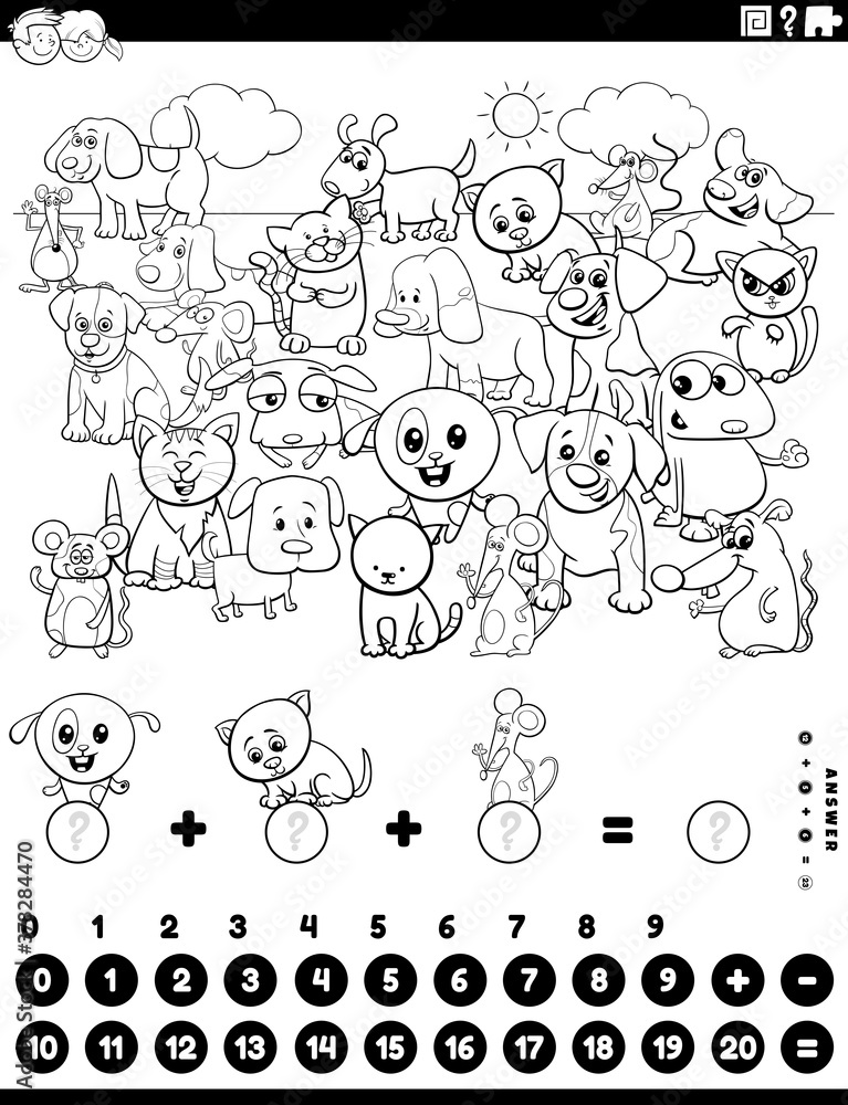 counting and adding task with animals coloring book page