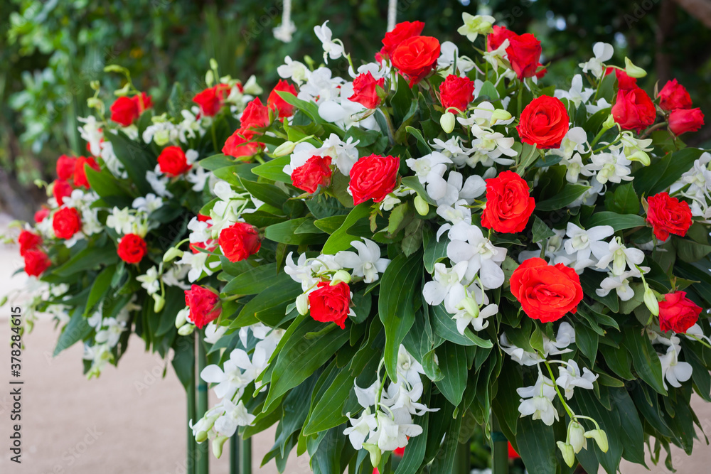 Floral arrangement at a wedding ceremony.