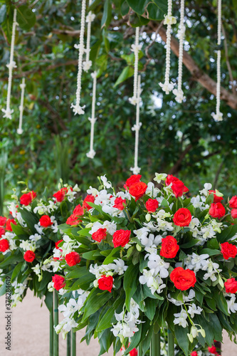 Floral arrangement at a wedding ceremony.