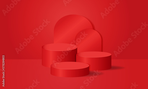 Red podium photo studio room scene. Christmas theme. Award winner, product display. Vector illustration