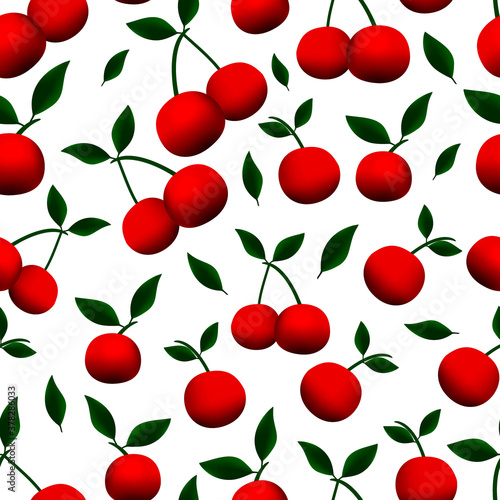Cherries on a white background. Raster illustration. Seamless pattern.