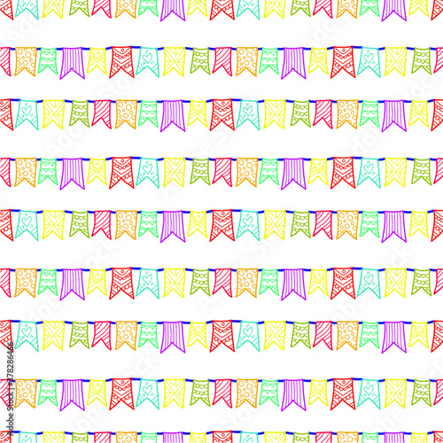 Seampless pattern with cute hand drawn bunting flags and garland. Vector background for funny holidays