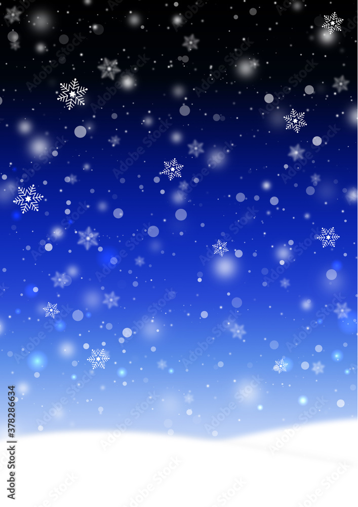 雪の結晶とふわふわの雪が降る雪原の風景 背景素材(青)縦 素材庫插圖 | Adobe Stock