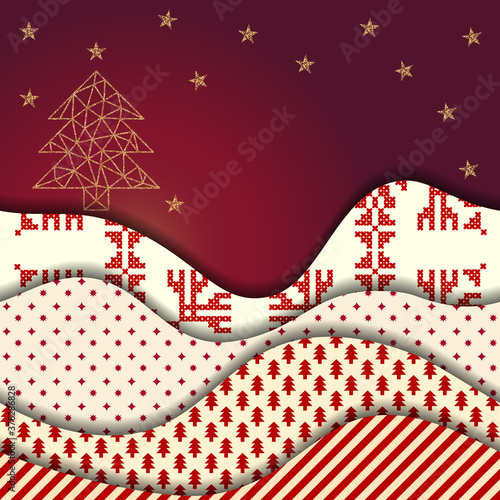 Christmas card with Christmas tree in carving paper style. Vector image