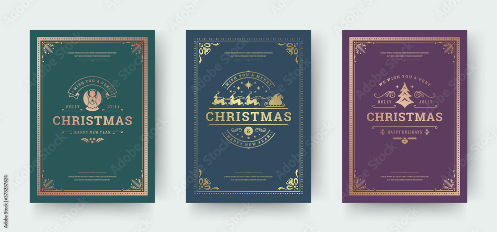 Christmas greeting cards vintage typographic design, ornate decorations symbols with santa claus, winter holidays wishes