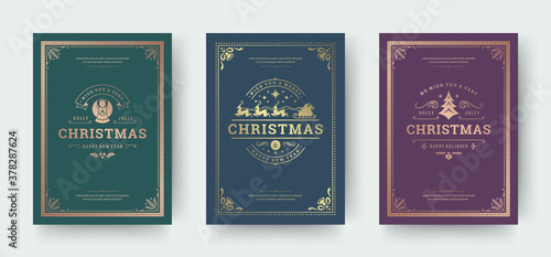 Christmas greeting cards vintage typographic design, ornate decorations symbols with santa claus, winter holidays wishes