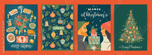 Set of Christmas and Happy New Year illustrations. Trendy retro style.