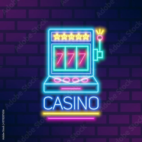 Bright neon gaming slot machine vector flat illustration in outline style. Illuminated sign of casino billboard with stars and 777 jackpot at brick wall. Glowing gamble equipment with lettering