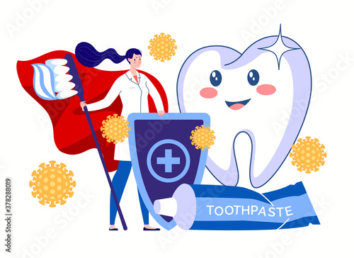 Dentist hygienist. The doctor with a toothbrush and paste in the hero's red cloak protects teeth from plaque and bacteria. Vector flat illustration.
