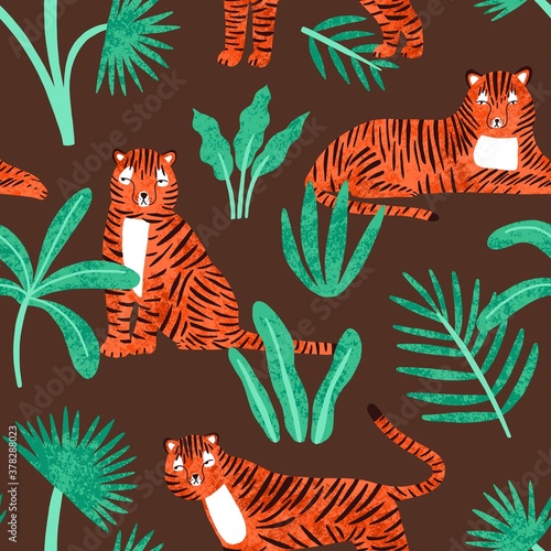 Cute tiger with tropical plants seamless pattern. Childish hand drawn predato...