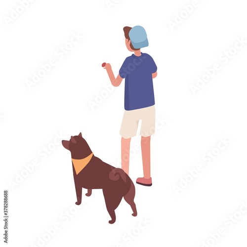 Guy stand hold ball training or playing with dog vector isometric illustration. Male teen pet owner and domestic animal spending time together isolated on white. Boy and doggy enjoying friendship
