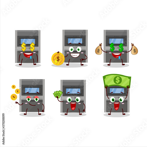 Atm machine cartoon character with cute emoticon bring money