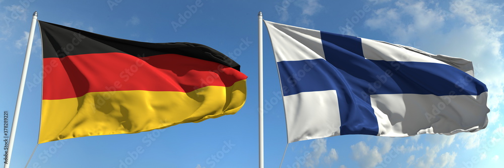 Flying flags of Germany and Finland on sky background, 3d rendering Flying flags of Germany and Finland on sky background, 3d rendering