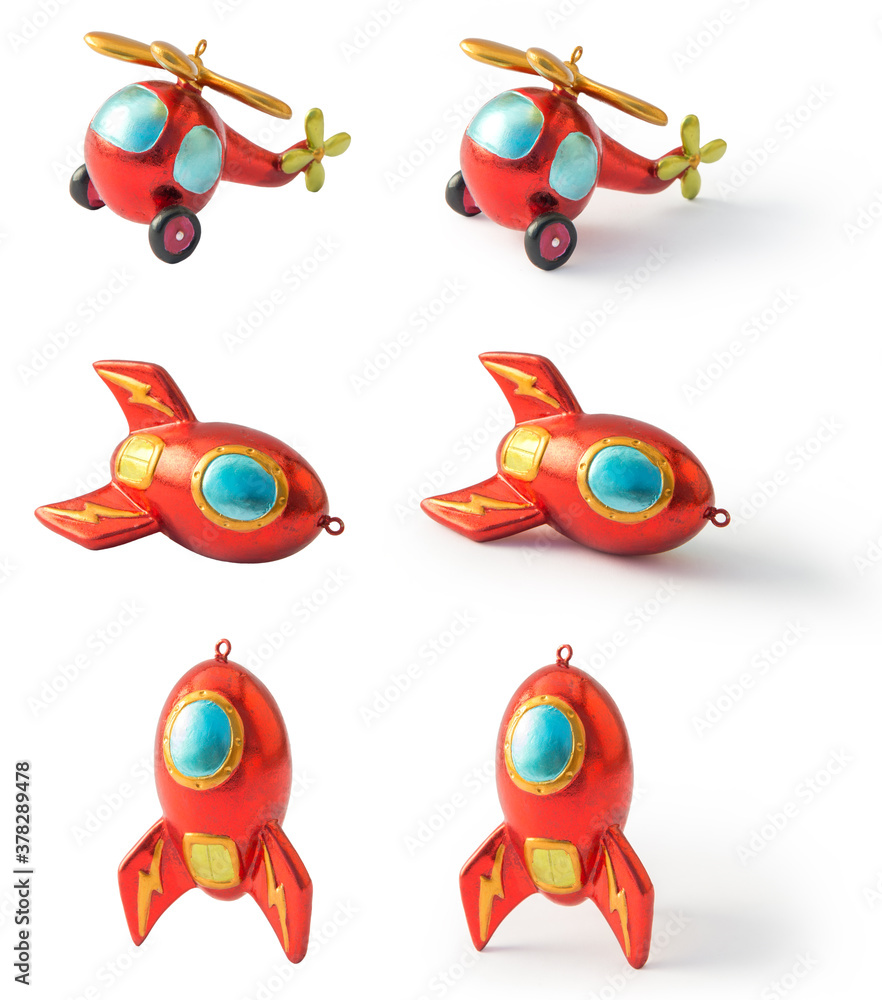 Fototapeta premium Set of Christmas toy for Christmas tree isolated on the white background. Rocket and helicopter.