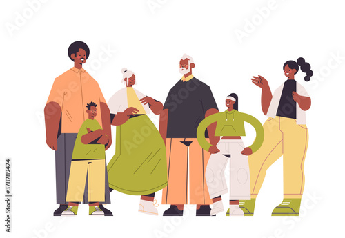 multi generation african american family happy grandparents parents and children standing together full length isolated horizontal vector illustration