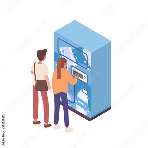 Couple buying water in automatic vending machine vector isometric illustration. Male and female paying for refreshing beverage at public apparatus isolated. Girl and boy use self service technology