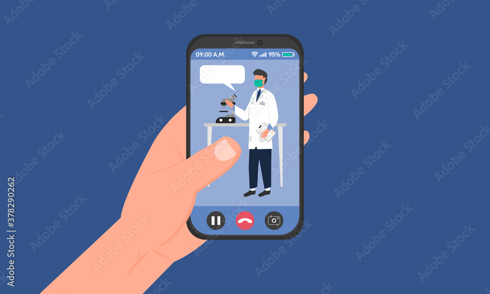 Graphic illustration about the virtual doctor on a mobile phone, video call with the doctor, online medical care concept. Flat design