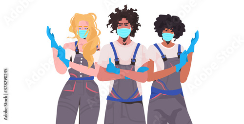 mix race janitors team professional office cleaners in medical masks wearing gloves coronavirus quarantine concept portrait horizontal vector illustration