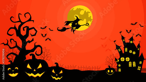 Halloween Fullmoon Banner and Witch. Haunted House. Pumpkins and Bats
