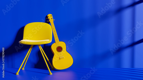 Yellow guitar beside the chair In the blue room. Minimal idea concept, 3D render.
