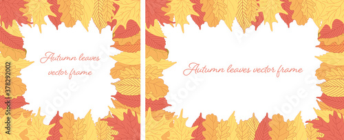 Autumn frames with colorful leaves. Vector illustration in color doodle style. Square and rectangular formats. Red  yellow  orange colors. Great offer sale template. Transparent background.