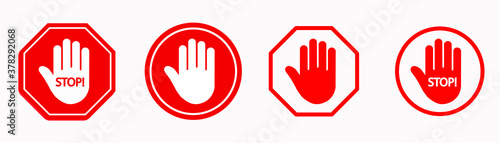 Stop hand on red and white background, vector graphics