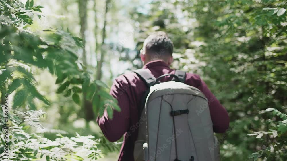 Young handsome bearded man with a backpack walking along a forest path looking around and walking out to a meadow. The sun's rays break through the leaves of the trees. High quality 4k footage Young handsome bearded man with a backpack walking along a forest path looking around and walking out to a meadow. The sun's rays break through the leaves of the trees. High quality 4k footage