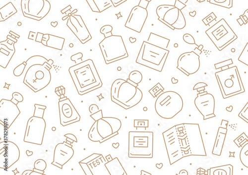 Perfume bottles seamless pattern with line icons. Vector background illustration included icon as glass sprayer, luxury parfum sampler, essential oil, cologne gold white wallpaper for cosmetic store