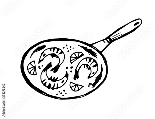 Shrimps, lemon slice, rosemary in a pan, top view. Food preparation, seafood, traditional cuisine. For labels, menu, recipe, kitchen design, cafe. Hand-drawn black and white vector ink sketch.